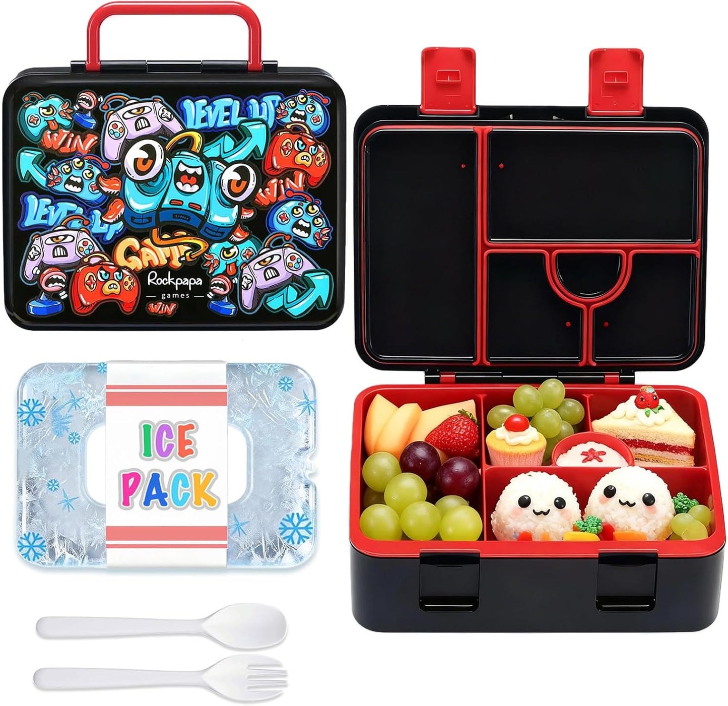 rockpapa Chill Bento Box for Kids- Large 5.5 Cups Lunch Box with Ice Pack - 5 Compartments, BPA-Free, Leak Proof, with Utensils & Portable Handle, Microwave/Dishwasher Safe (Purple Butterfly)