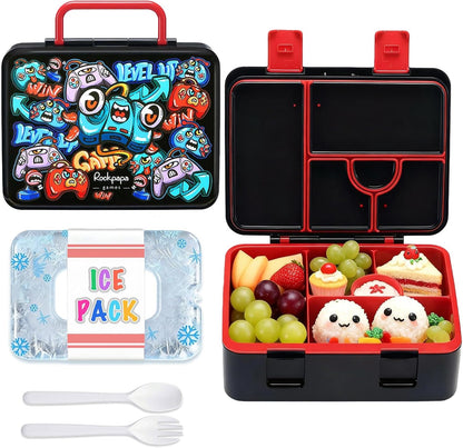 rockpapa Chill Bento Box for Kids- Large 5.5 Cups Lunch Box with Ice Pack - 5 Compartments, BPA-Free, Leak Proof, with Utensils & Portable Handle, Microwave/Dishwasher Safe (Purple Butterfly)