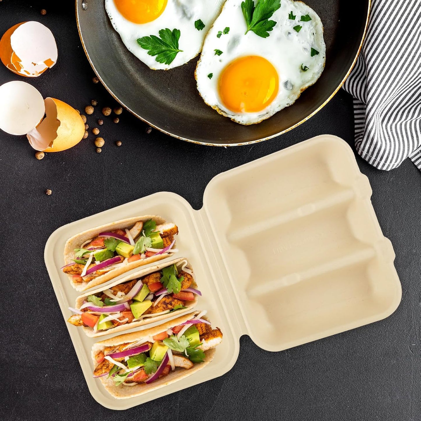 50 PCS Disposable Taco Holders with Lids Taco Plates with 3 Dividers Taco Trays Disposable To Go Taco Holders for Party Pulp Fiber To Go Taco Containers for 3 Taco Bar Serving Set for a Party