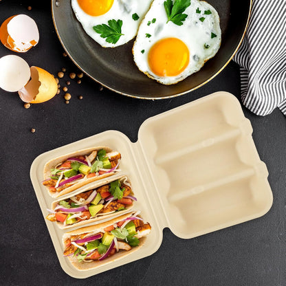 50 PCS Disposable Taco Holders with Lids Taco Plates with 3 Dividers Taco Trays Disposable To Go Taco Holders for Party Pulp Fiber To Go Taco Containers for 3 Taco Bar Serving Set for a Party