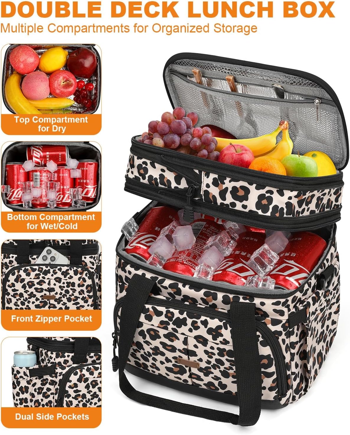 Pritent Lunch Box For Men Women Double Deck Insulated Lunch Bag For Men Woman Leakproof Expandable Cooler Bag with Adjustable Shoulder Strap for Kids Shool Work Picnic Camping(Beige,Large)