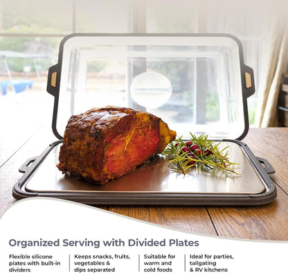 Multi-Purpose Serving and Entertaining Tray with Foldable Silicone Lid and Divided Plates, Stainless Steel Serving Set for Kitchen, Camping, BBQ and Outdoor Events