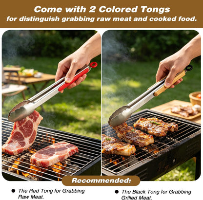 Sunmei Grill Prep and Serving Trays, 3-in-1 Stackable BBQ Food Tray, 5PCS BBQ Serving Set with Marinating Container, Serving Platter, Cutting Board and 2PCS Colored 12-Inch Grill Tongs (Green)