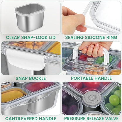 FANCILLA Snackle Box Container, 8 Compartment Stainless Steel Divided Serving Tray with Lid and Handle - Dishwasher Safe Clear Travel Party Snack Box, Versatile for Fruit Candy Nuts Veggie