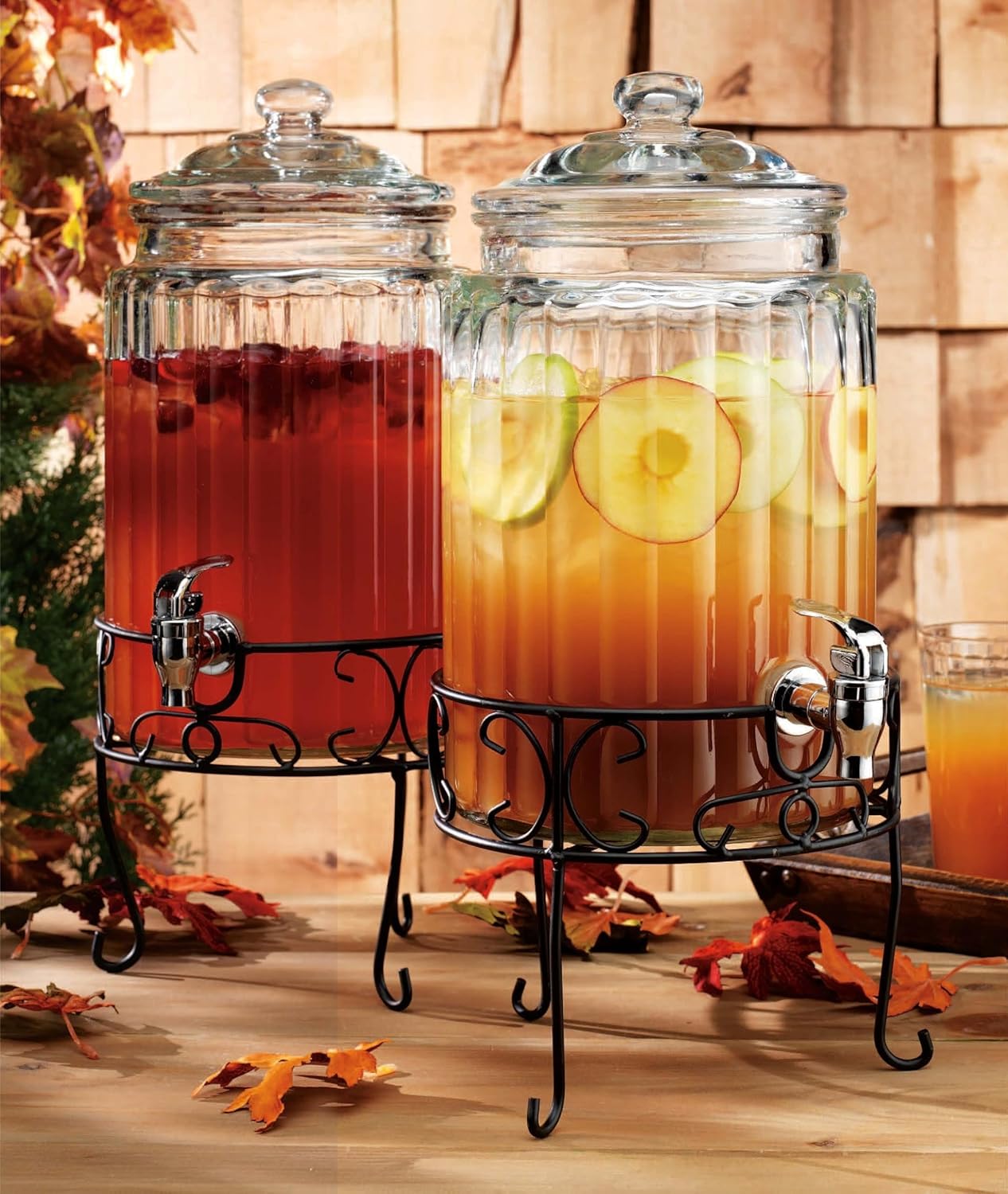 2 PACK 1.5 Gallon Drink dispenser, Glass Beverage Dispenser With Elegant Stand Stand, Drink Dispensers for Parties With Spigot 100% Leakproof. Perfect For Parties And Daily Use