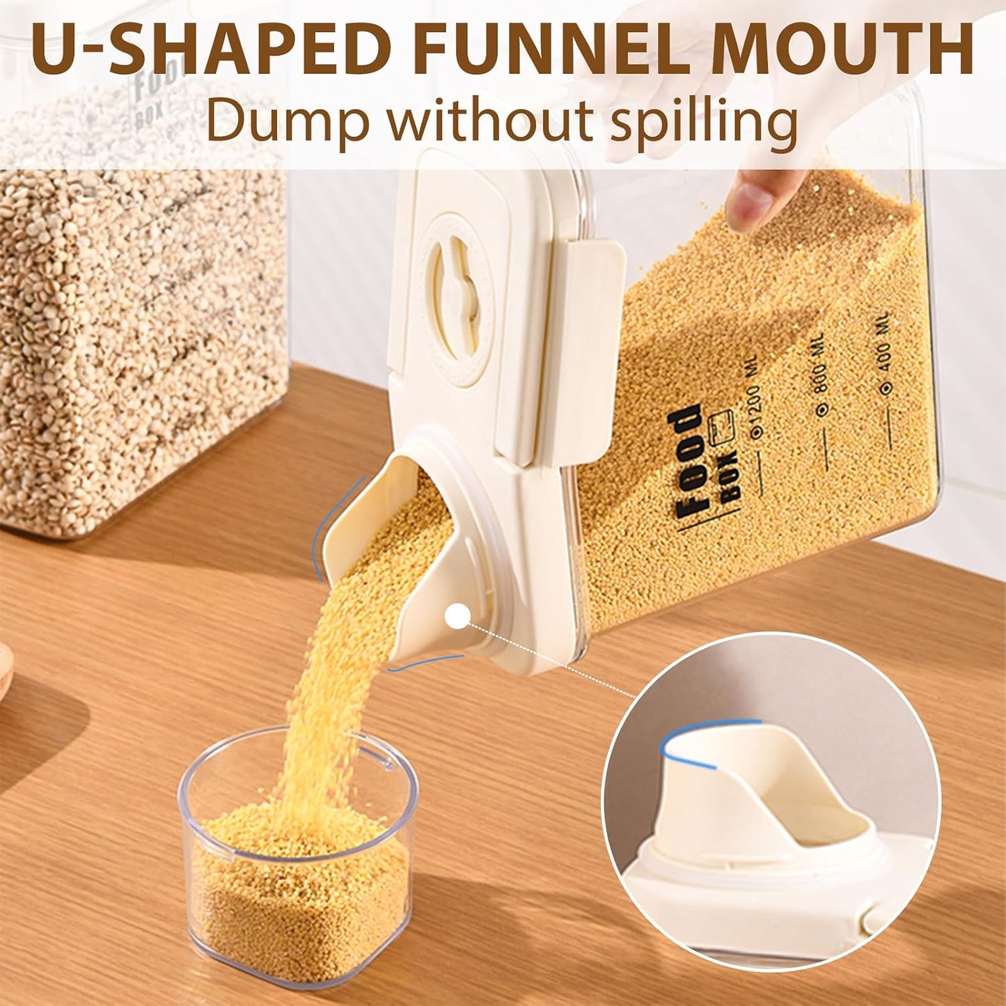 2800ml sealed food storage container with dumping outlet and handle, 2 transparent plastic kitchen grain distributors, suitable for grains, snacks, beans and flour.