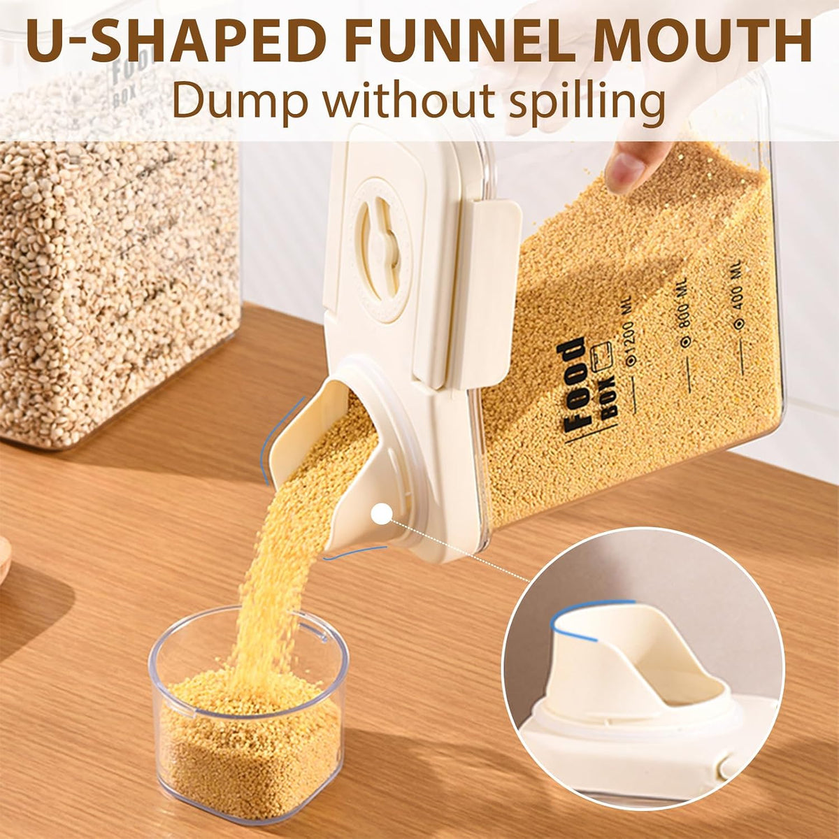 2800ml sealed food storage container with dumping outlet and handle, 2 transparent plastic kitchen grain distributors, suitable for grains, snacks, beans and flour.
