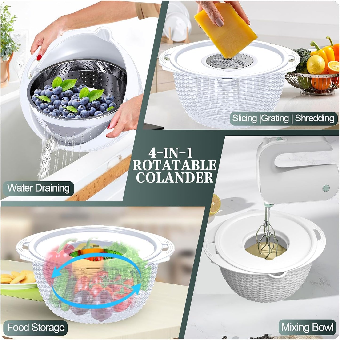 4-in-1 Colander with Bowl Set — Patented 360° Rotatable Strainer Bowl with 3 Graters, Snap-On Lid & Non-Slip Base, Funny Kitchen Present for Women, Aesthetic Pasta Fruit Vegetable Strainer (Beige)