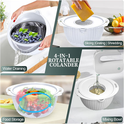 4-in-1 Colander with Bowl Set — Patented 360° Rotatable Strainer Bowl with 3 Graters, Snap-On Lid & Non-Slip Base, Funny Kitchen Present for Women, Aesthetic Pasta Fruit Vegetable Strainer (Beige)