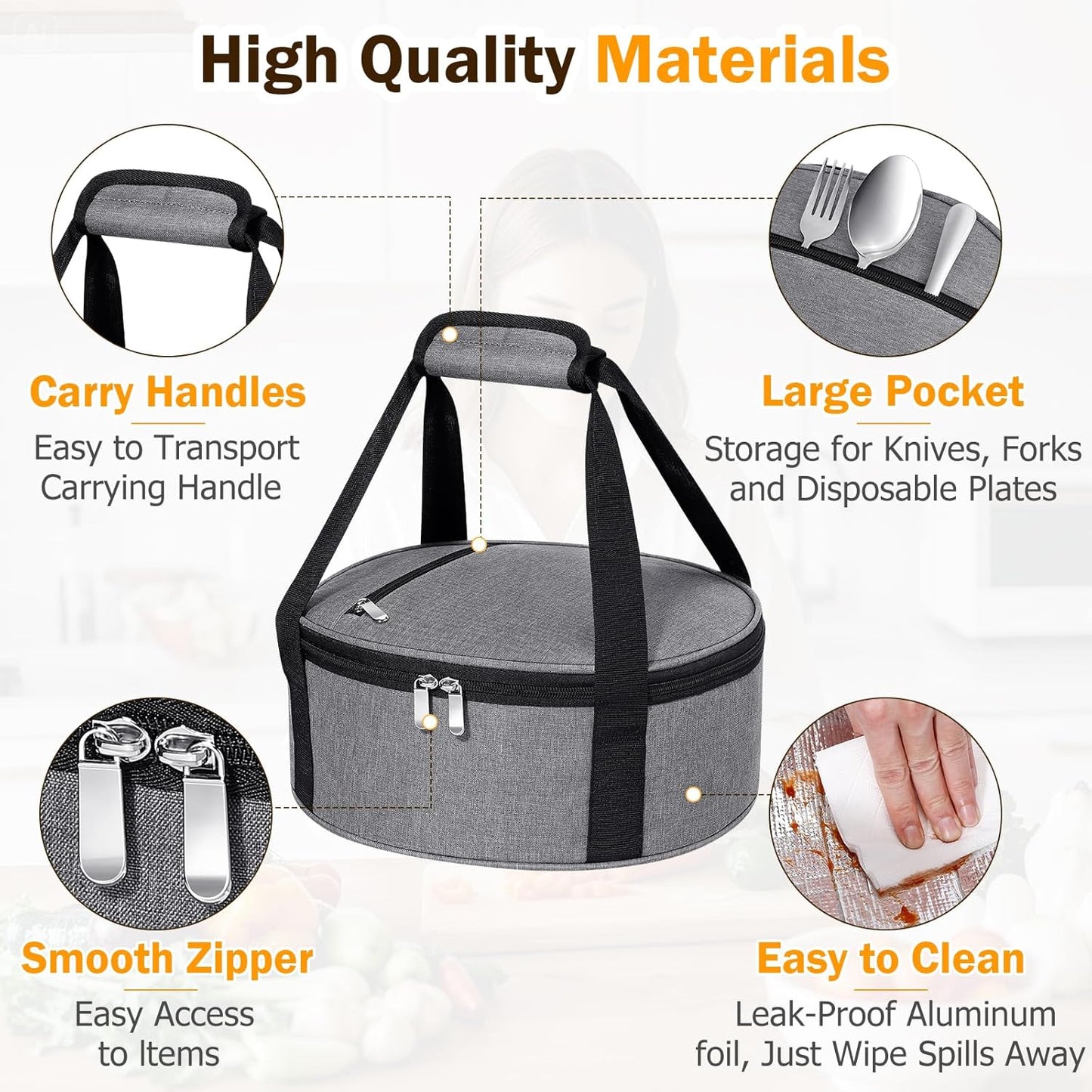 Round Insulated Casserole Carrier – 12" Portable Pie Carrier Bag for Hot or Cold Food, Leakproof Thermal Lunch Tote with Handle for Parties Picnic & Travel - Grey