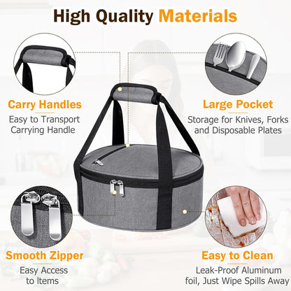Round Insulated Casserole Carrier – 12" Portable Pie Carrier Bag for Hot or Cold Food, Leakproof Thermal Lunch Tote with Handle for Parties Picnic & Travel - Grey