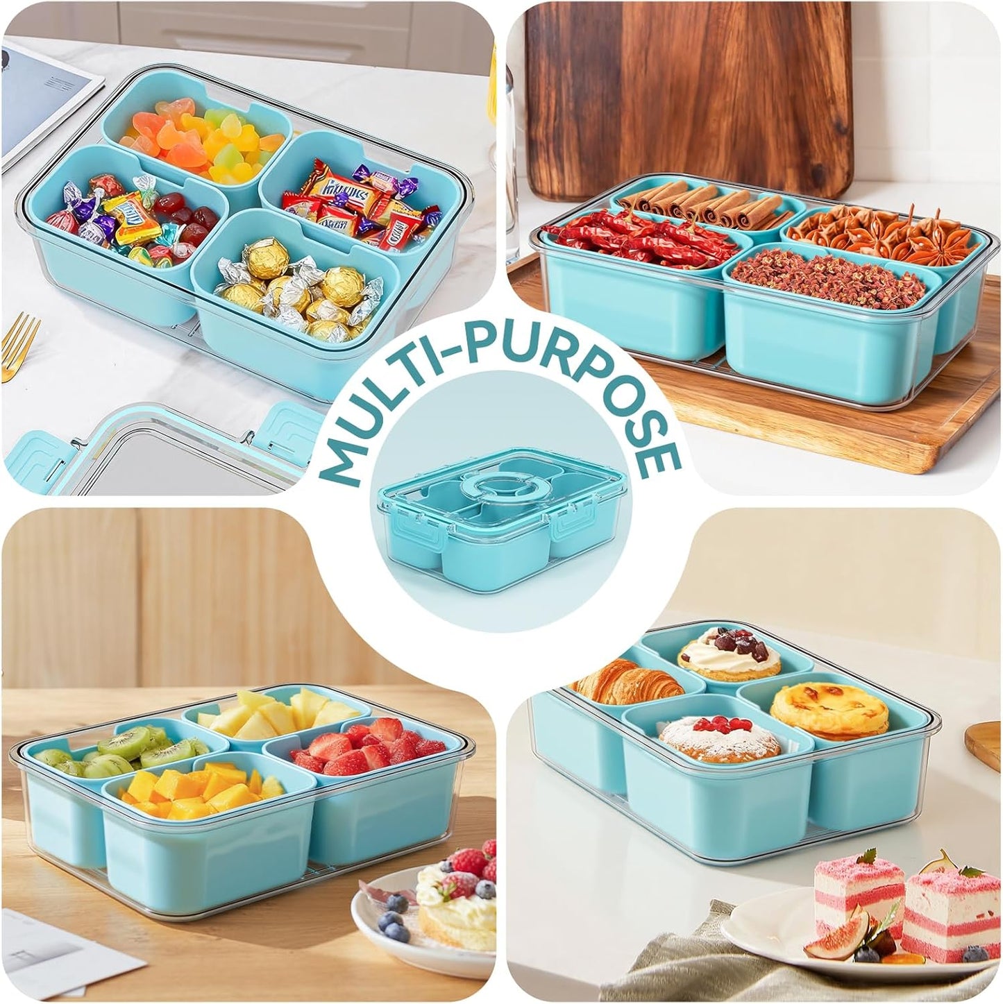 Small Snack Box Containers for Adults Men Women with 4 Compartments,Reusable Bento Box Adult Food Trays for Fruit,Charcuterie,Pink Lunch Box Divided Serving Tray with Lid and Handle for Work Travel