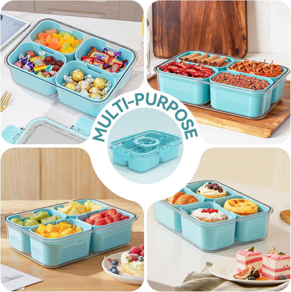 Snackle Box Container,2 Pack Divided Clear Snack Box Serving Tray with Lid and Handle,Charcuterie Board with Lid, Snack Organizer for Beach Picnic, Refrigerator Fresh, Party, Holidays and Travel