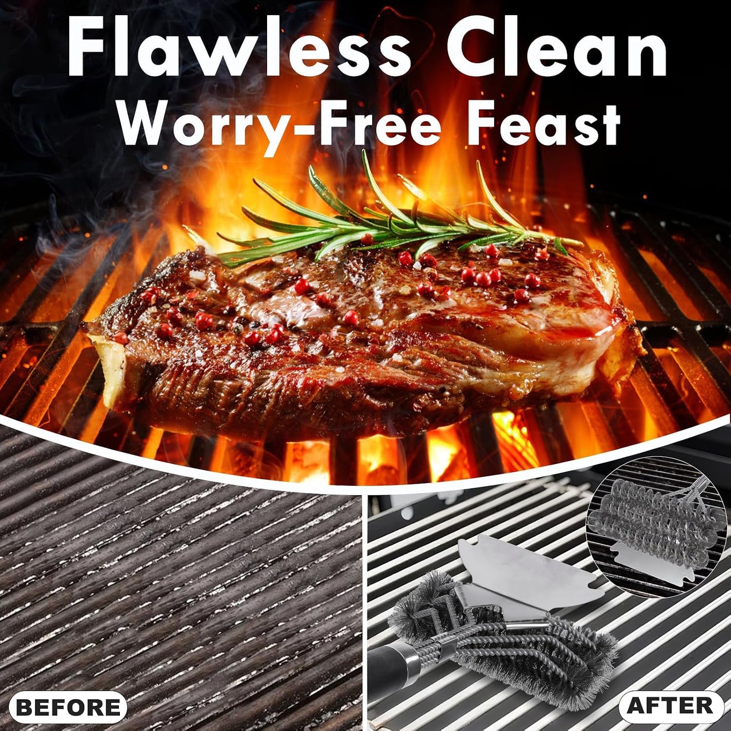 18" Heavy Duty BBQ Grill Brush and Scraper Set, 2-in-1 Safe Bristle Free Grill Cleaner & Strong Wire Brush, Professional Grill Scraper for Outdoor Gas Charcoal Grills, Deep Cleaning BBQ Tools