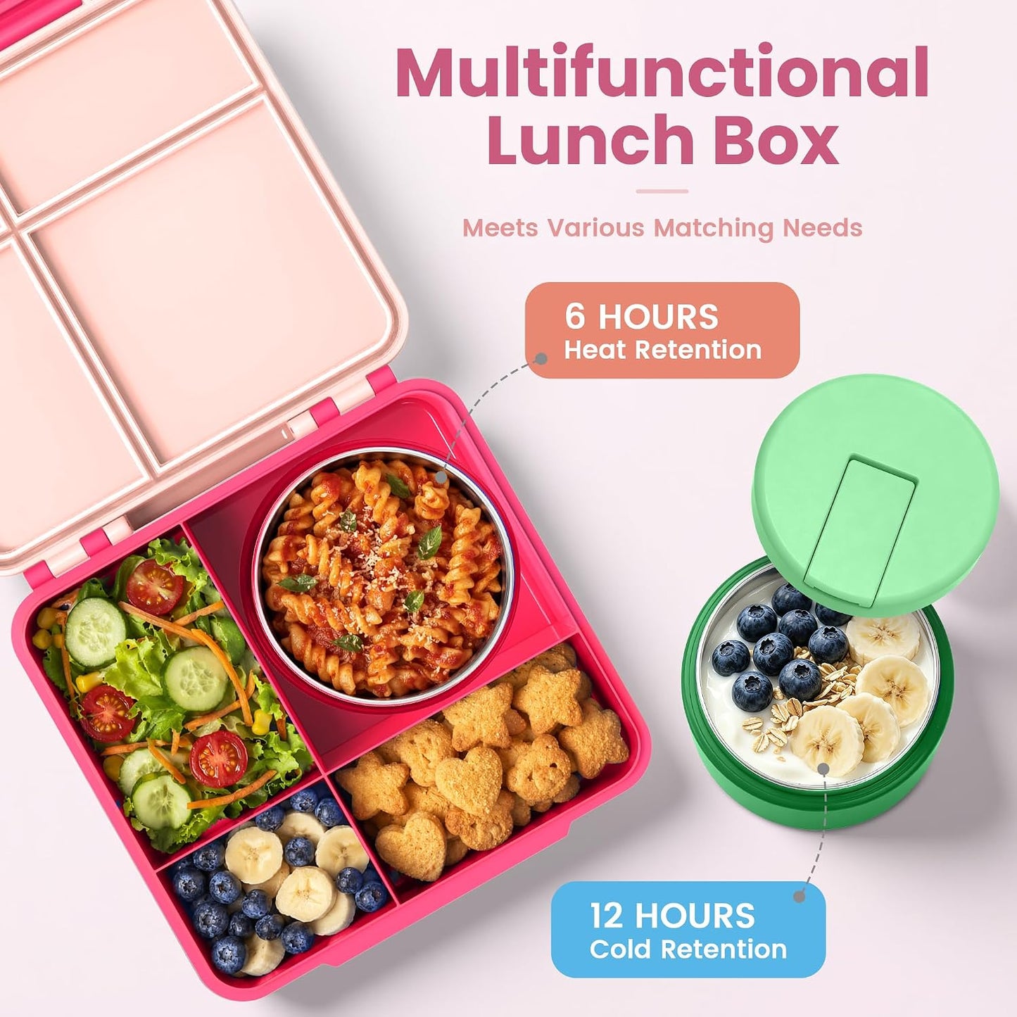 LOHASOK Bento Lunch Box Kids with 8oz Soup Thermo, Leak-Proof Lunch Containers with 4 Compartment, Thermo Hot Food Jar and Insulated Lunch Box for School Blue