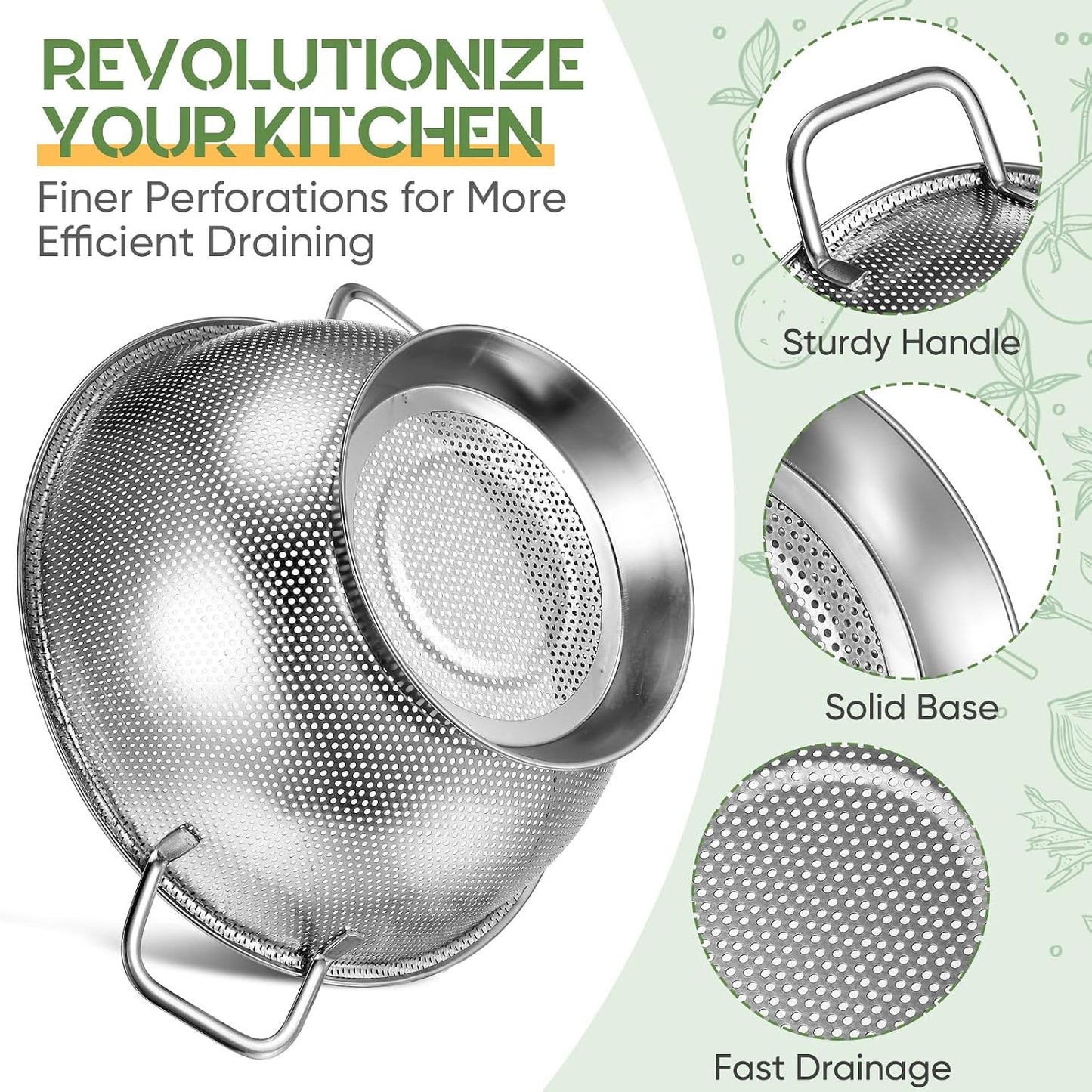 Bokon 3 Pcs Stainless Steel Colander Set Colander Bowl and Sieves 1/3/5 Quart Metal Mesh Strainer Net Basket with Handles Food Spaghetti Strainer for Kitchen Draining Pasta Rinsing(Gold)