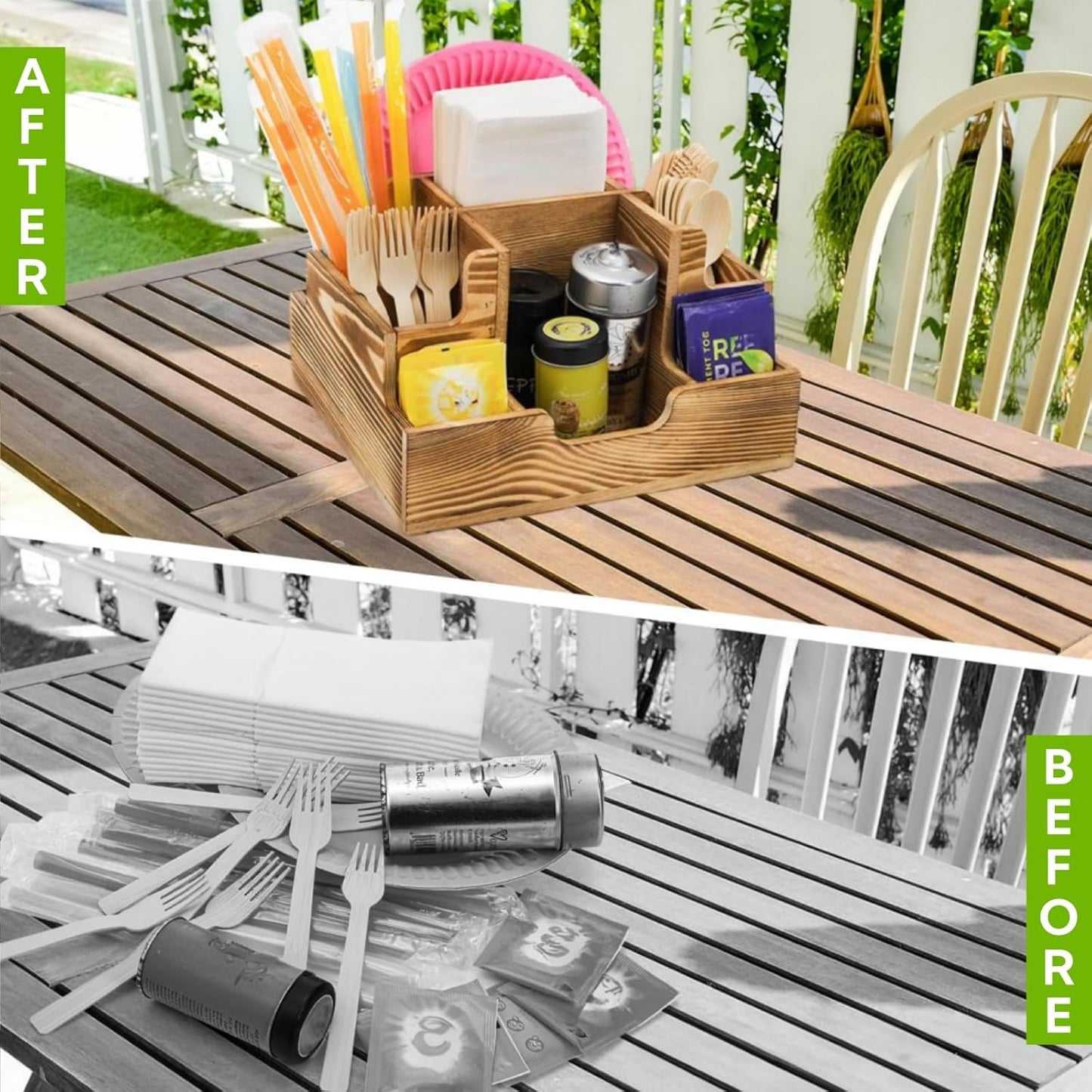 ZAVOOS Paper Plate Dispenser, Small Wood Utensil Holder Silverware Caddy for Cups Spoons Forks Napkins, Rustic Cutlery Flatware Organizer with 9 Compartments for Party, Kitchen, Camping, Buffet