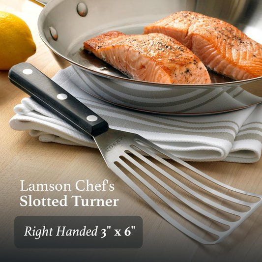Lamson Fish Spatula, Slotted Metal Turner, 3 x 6 In, Right Hand | Ultra Durable composite handle, dishwasher safe; flexible stainless blade; a dedicated left-handed model is available