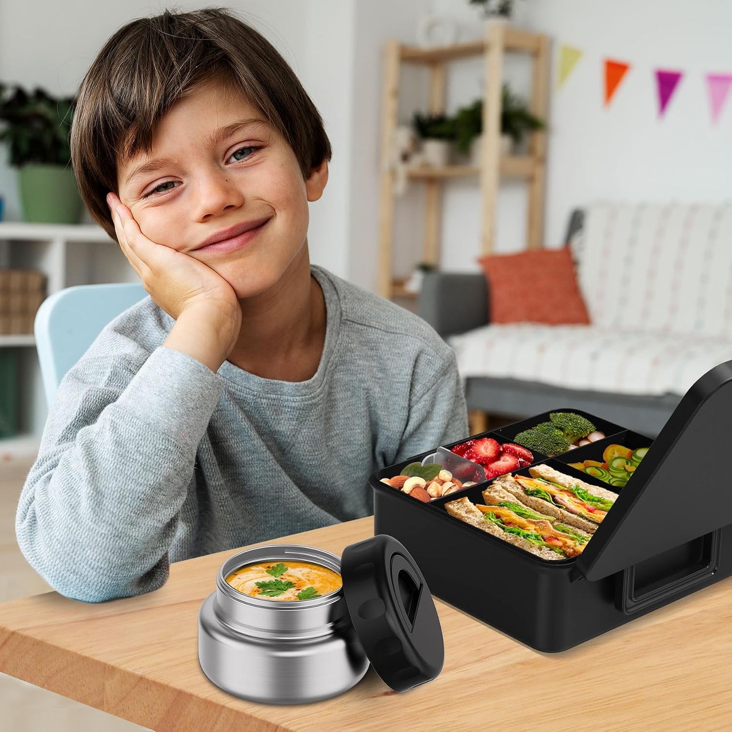 Bento Box for Kids with Thermo Food Container (9oz), 4-Compartment Lunch Box, Adjustable Divider, Leakproof Bento Lunch Box, Includes Utensils & Carry Bag for School, Office(Blue)