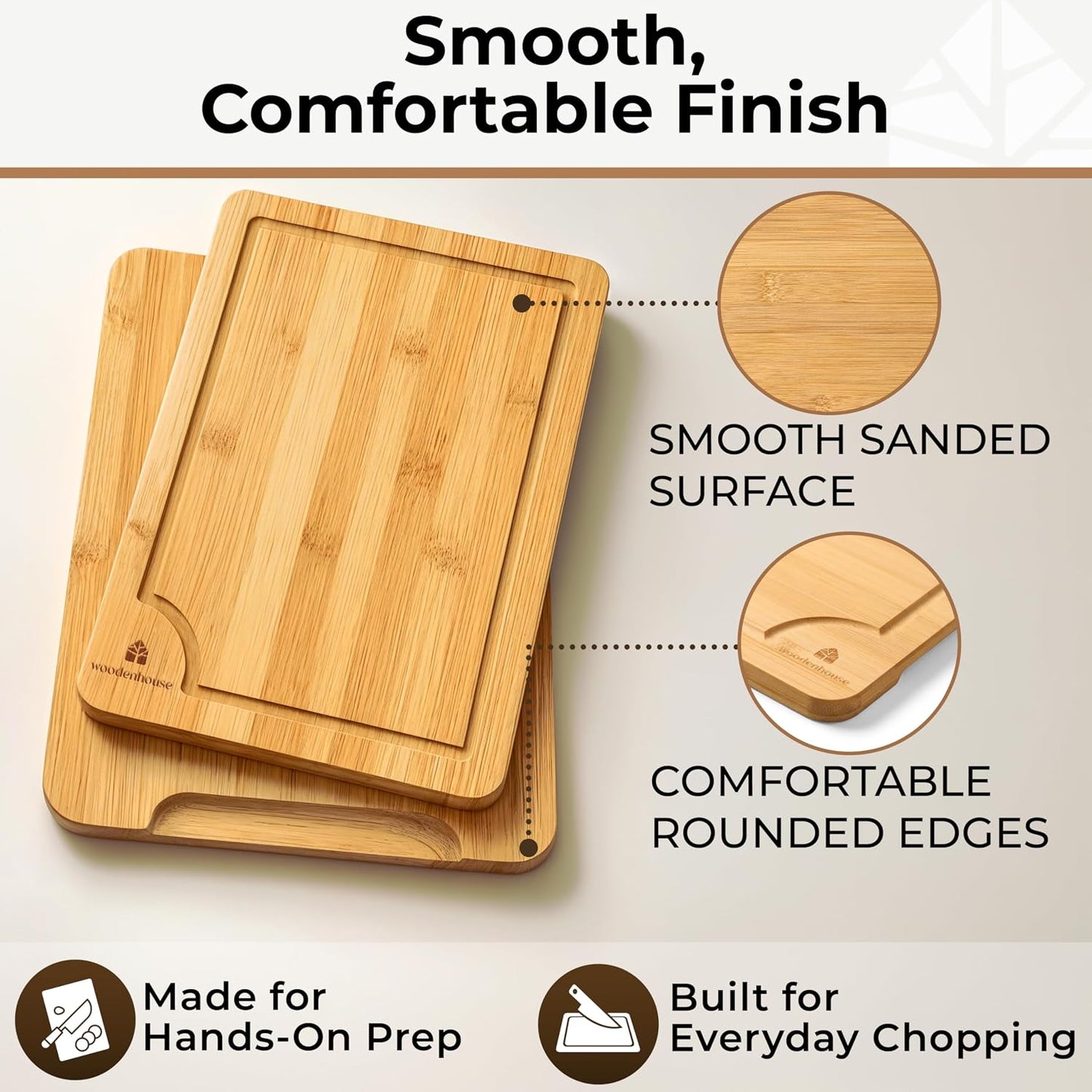 Set of 3 Bamboo Cutting Boards for Kitchen - Thick & Durable Wood Cutting Boards Set with Deep Juice Grooves & Build-in Handles, Large Surface, Easy to Clean – for Meat, Vegetables and Fruits