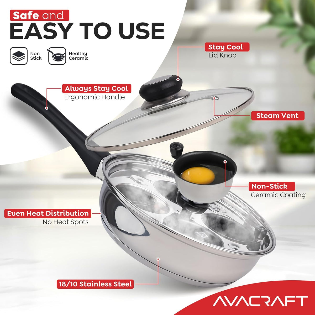 AVACRAFT Stainless Steel Egg Poacher Pan with 4 Egg Cups