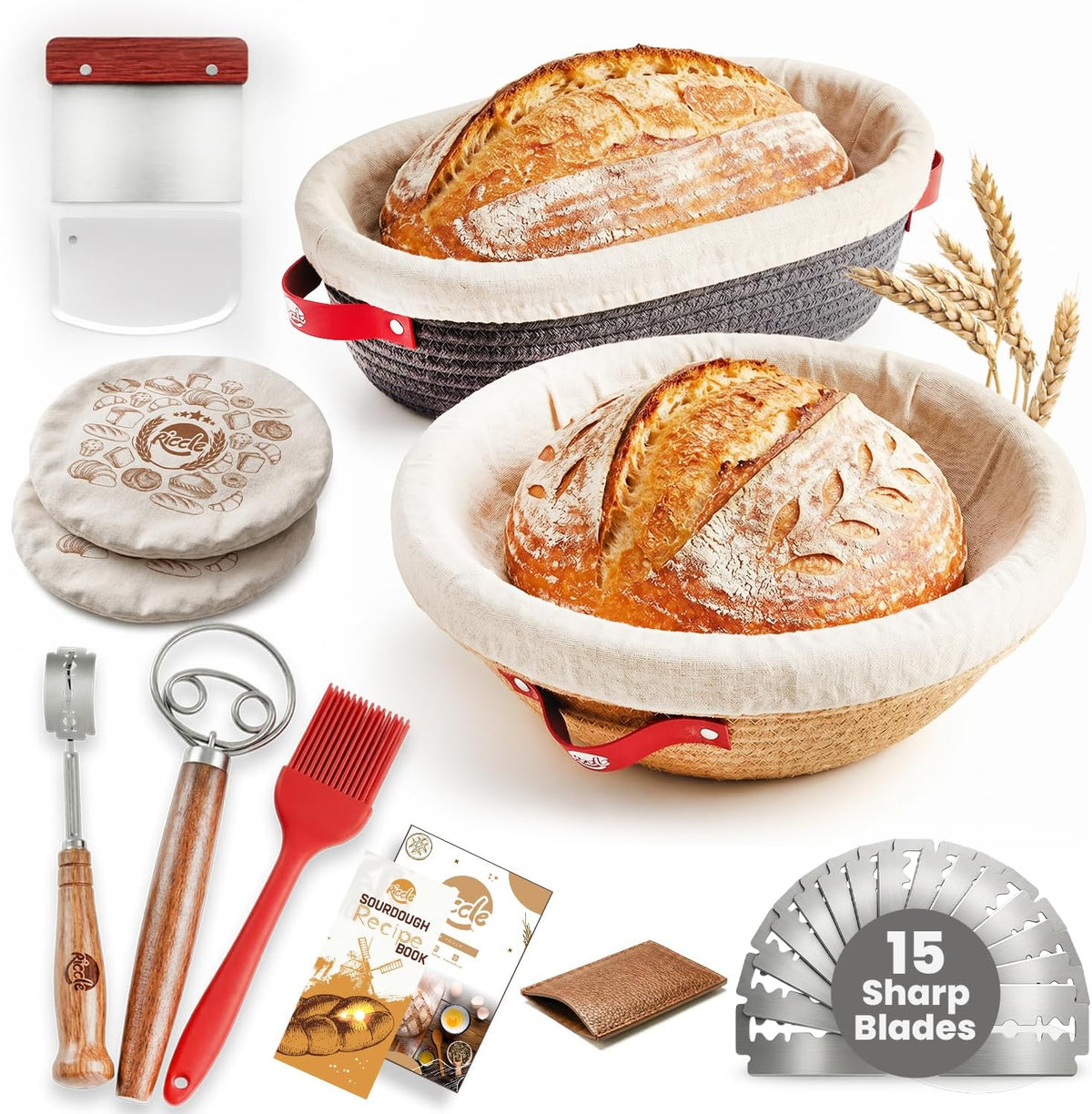 RICCLE Banneton Bread Proofing Basket, 2 Round Sourdough Banneton Baskets