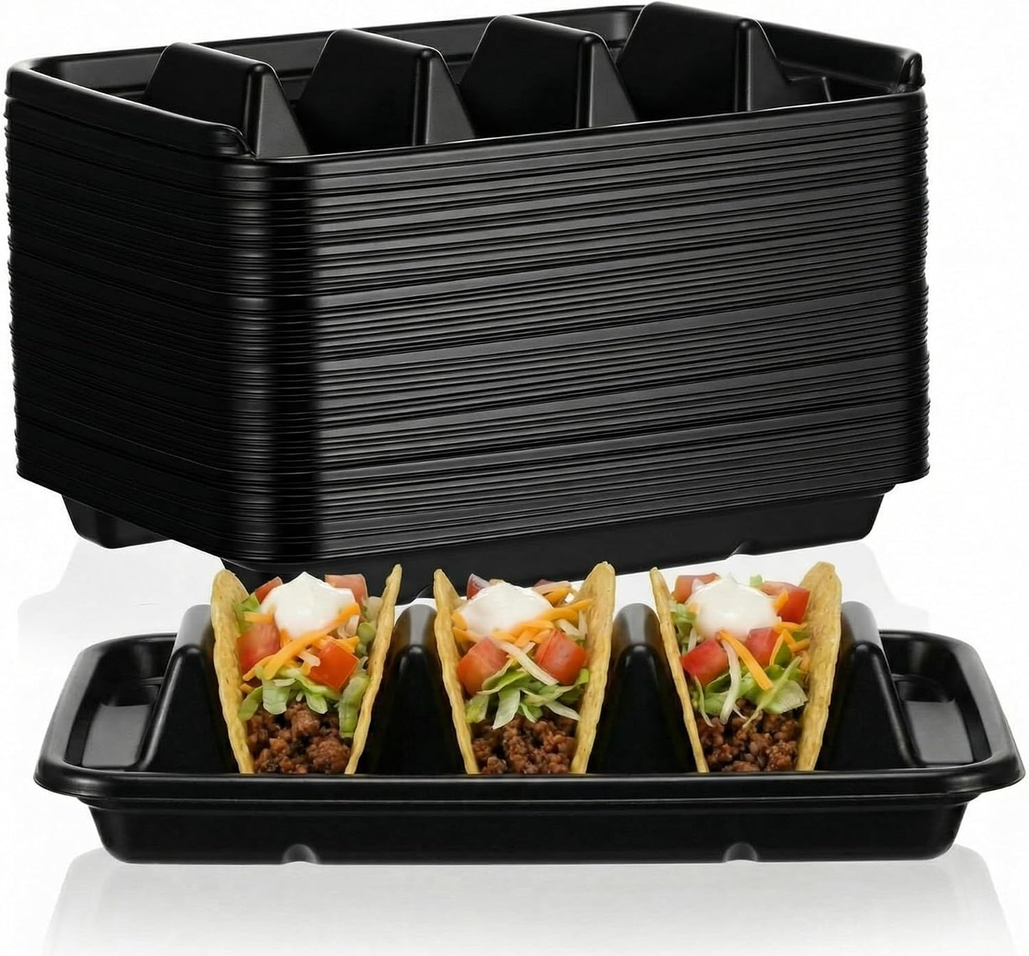 Baderke 100 Pcs Disposable Taco Holders for Party, Disposable Plastic Taco Plates with 3 Dividers, Premium PP Tacos Tray Serving Set for Tacos Tuesday, Fiesta Party Bar Supplies