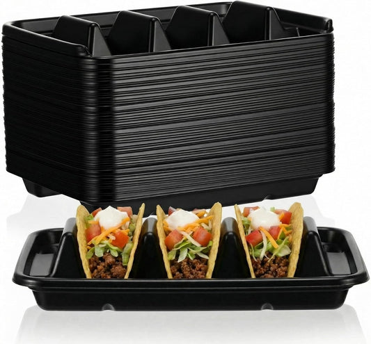 Baderke 100 Pcs Disposable Taco Holders for Party, Disposable Plastic Taco Plates with 3 Dividers, Premium PP Tacos Tray Serving Set for Tacos Tuesday, Fiesta Party Bar Supplies