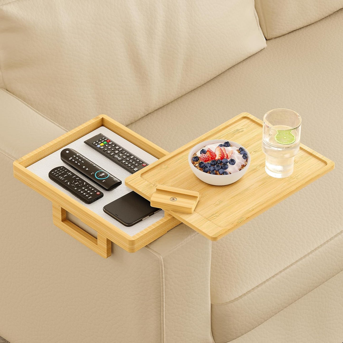 Wealone Black Couch Arm Tray for Wide Couch, Bamboo Sofa Arm Clip Table with Storage Box, Couch Armrest Tray with 360°Rotating Phone Holder, Sofa Arm Table Clip for Eating, Drinks or Dining