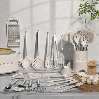 Kitchen Utensils Set- Umite Chef 34 PCs Cooking Utensils with Grater, Spoon Spatula, Heat Resistant Food Grade Silicone, Stainless Steel Handles Kitchen Gadgets Tools Set for Nonstick Cookware(Red)