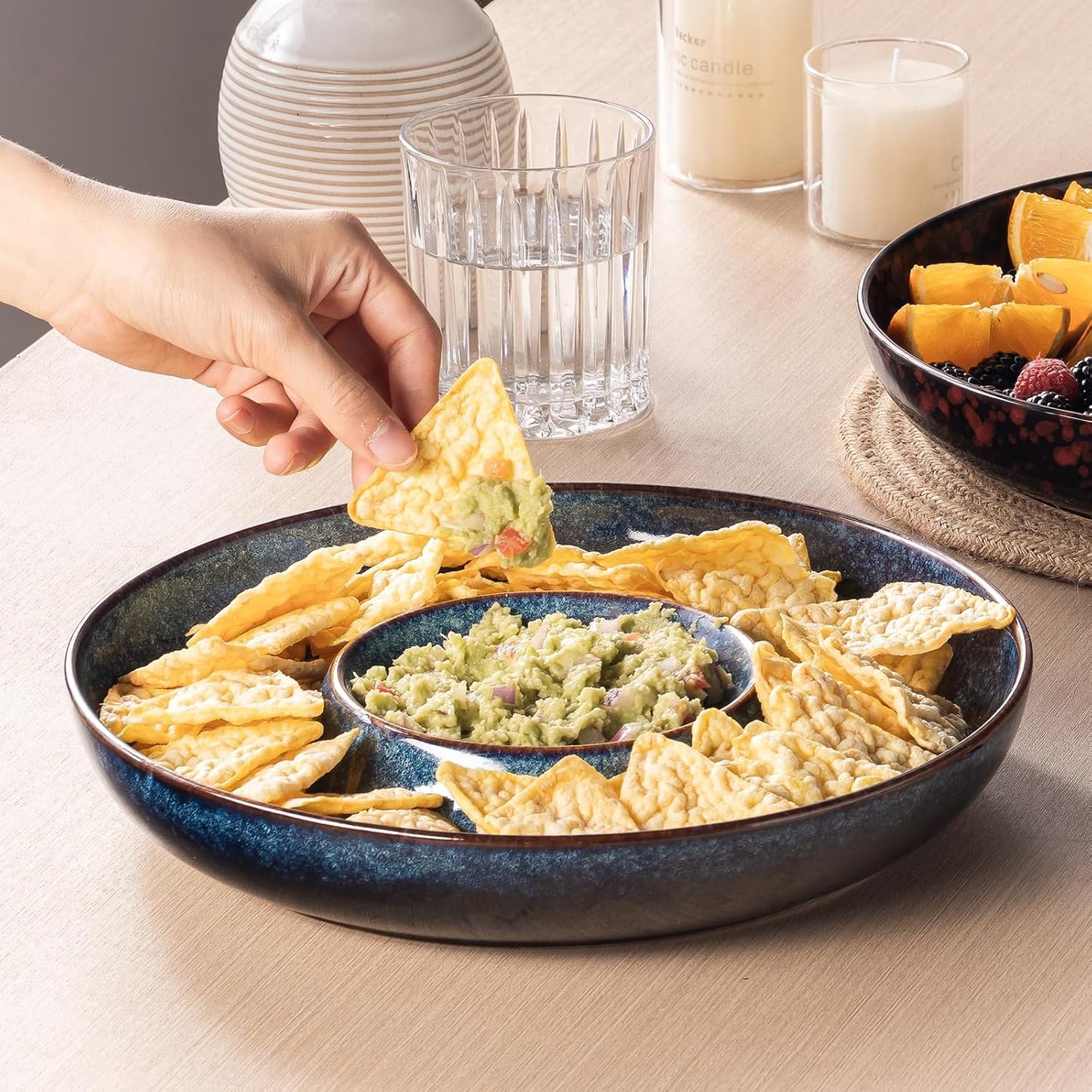 Ceramic Chips and Dip Serving Tray - Large Divided Party Bowl Set for Salsa, Veggies, Fruit & Snacks - Modern Minimalist Appetizer Platter with Unique Kiln-Change Glaze (Verdigris Green)
