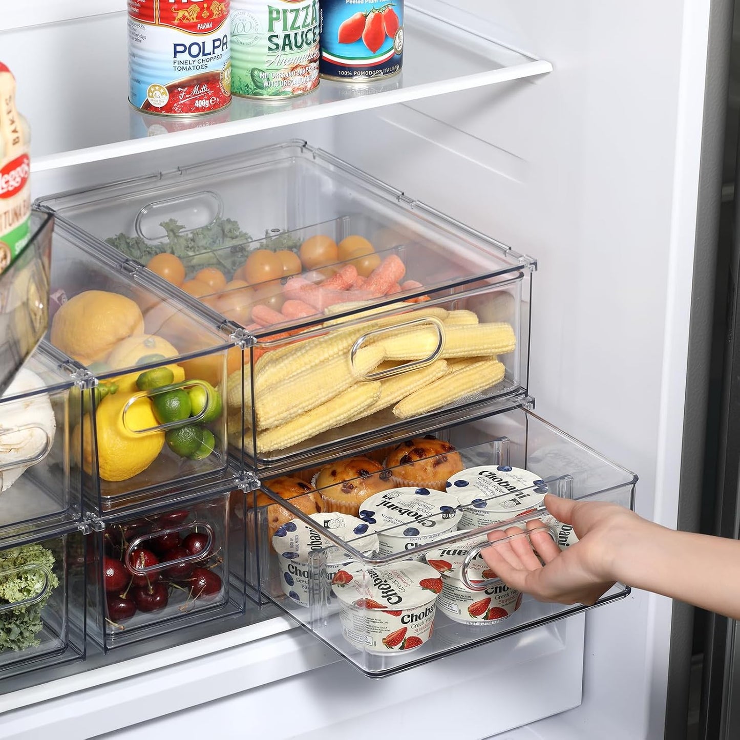 Fridge Organizers and Storage Pull Out Drawer, 2 Small | Stackable, Clear, Fruit and Veggies Containers, for Kitchen, Cabinet
