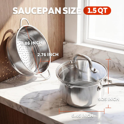 2.5 QT Tri-Ply Stainless Steel Saucepan, Steamer pot for cooking