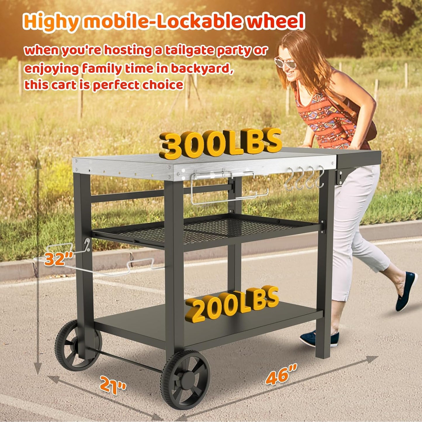 Upgraded Pizza Oven Cart Table for Ooni Koda/Karu/Fyra 16 & 12, Movable Thicken & Widen Rolling Kitchen Cart, Outdoor Grill Stand for Ninja Woodfire,Blackstone Griddle,Barbecue Tool Set