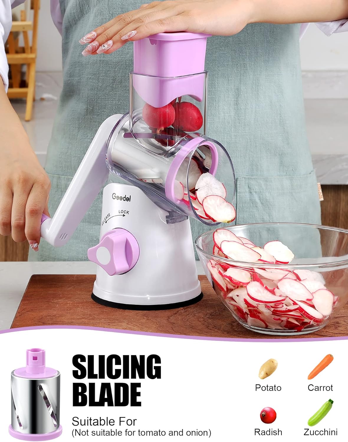 Geedel Rotary Cheese Grater, Kitchen Mandoline Vegetable Slicer with 3 Interchangeable Blades, Easy to Clean Rotary Grater Slicer for Cheese, Vegetables, Nuts