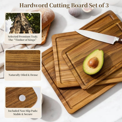 Teak Cutting Board Set for Kitchen - 3 PCS Solid Teak Wood Chopping Board with Holder & Juice Groove, Hardwood Cutting Boards for Meat, Fish, Vegetables, Fruits (Small, Medium, Large)