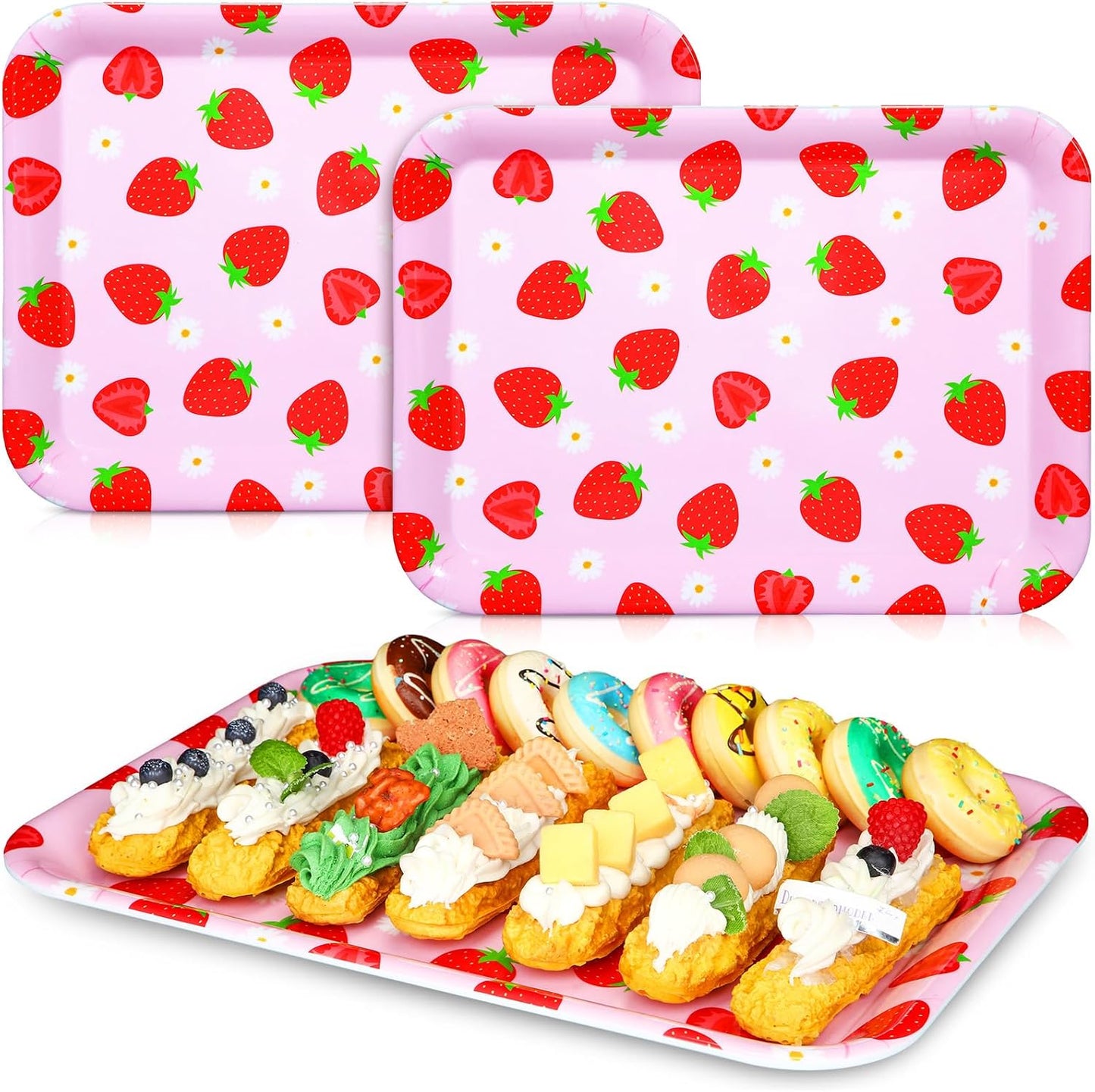 RattanView 3 Pcs Strawberry Trays Strawberry Birthday Party Decoration Plastic Serving Trays pink Platter Pink Reusable Plates 13 x 10 Inch Berry Sweet One Birthday Party Supplies