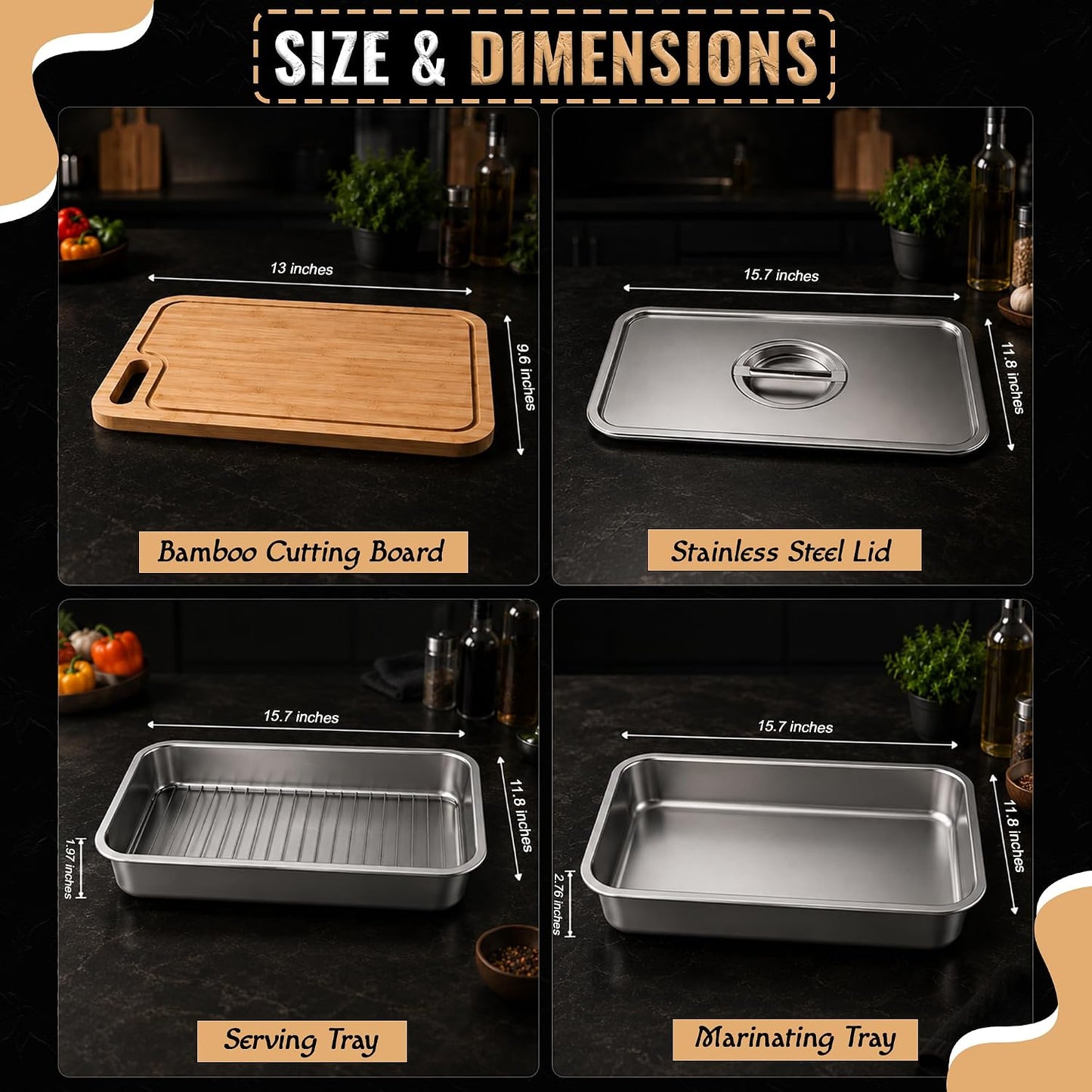 Grill Prep Trays & Serve Set, Stainless Steel BBQ Grill Carrying System with Deep Tray, Shallow Tray, Lid & Cutting Board, Large Capacity Marinating Tray, Portable Grill Container for Outdoor Cooking