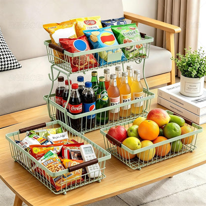 2-Tier Stackable Wire Basket with 2 Banana Hooks, Pantry Organizer for Kitchen Countertops, Cabinets & Under-Sink Spaces; Ideal for Storing Snacks, Fruits, Veggies, Onions, Potatoes, & More,Black