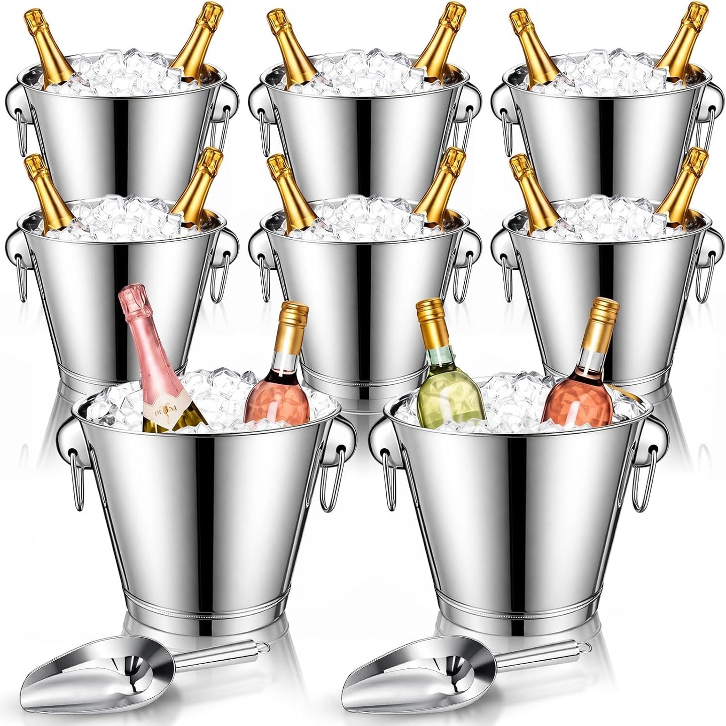 meekoo 4 Pcs 4 Quart Champagne Bucket Wine Bucket Metal Ice Container with 1 Pcs 6 oz Ice Scoop and Handles Stainless Steel Drink Cooler Cocktails Wine Chiller Beer Tub for Bar Party BBQ Banquet