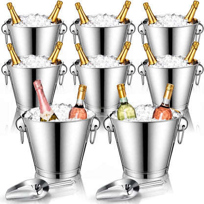 meekoo 4 Pcs 4 Quart Champagne Bucket Wine Bucket Metal Ice Container with 1 Pcs 6 oz Ice Scoop and Handles Stainless Steel Drink Cooler Cocktails Wine Chiller Beer Tub for Bar Party BBQ Banquet