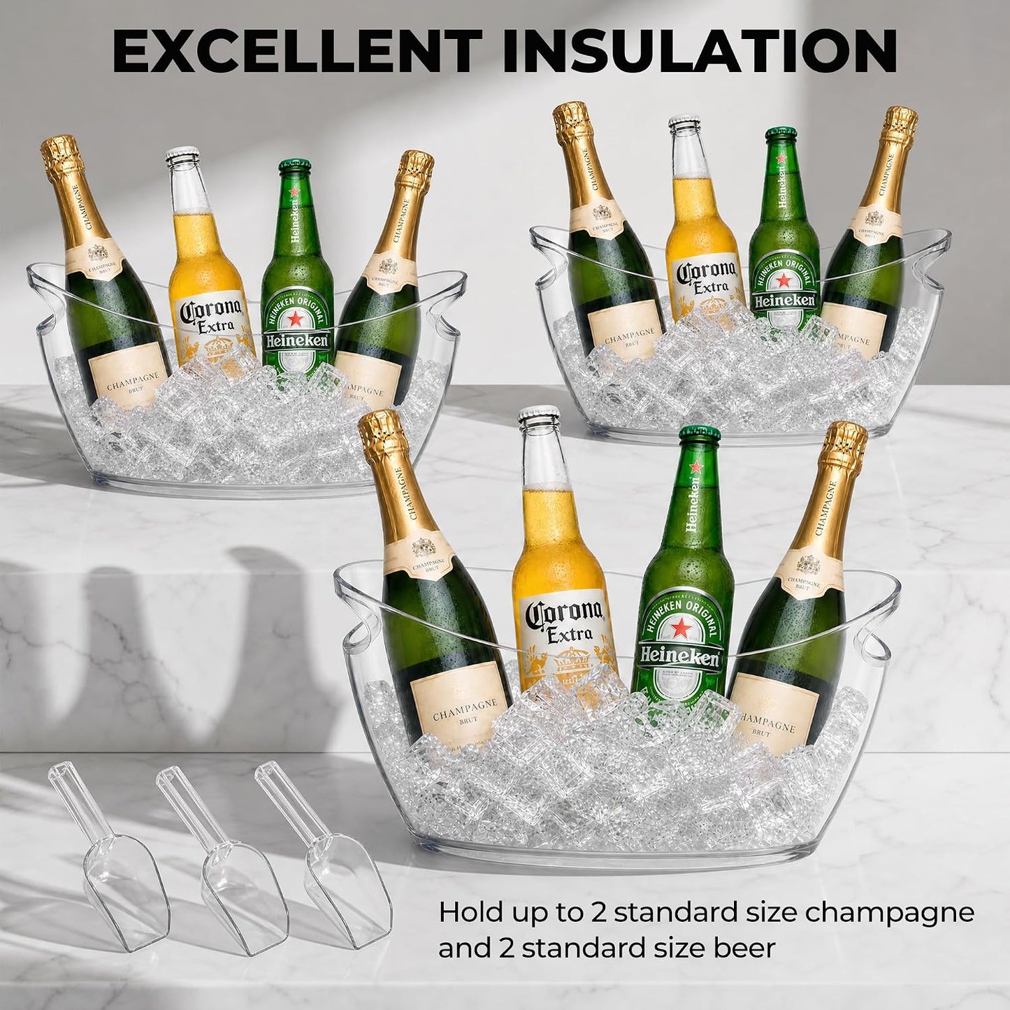 Ice Buckets for Parties,3 Packs 16.5In Large Drink Champagne Bucket with Handle & 3 Pcs Scoops,Plastic Cooler Buckets