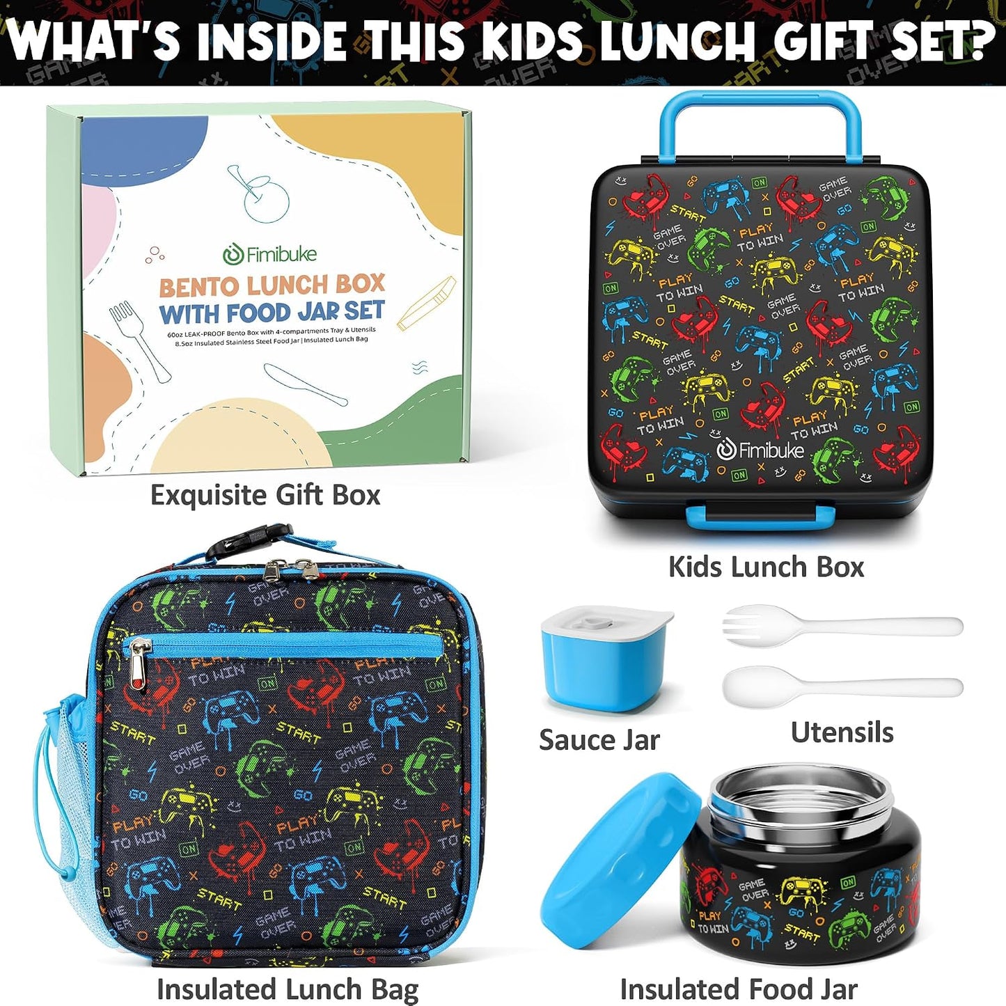 Fimibuke Bento lunch Box Set for Kids Adult with 8oz Insulated Food Jar, Lunch Bag & Sauce Cup, Leakproof Dishwasher Safe Toddler Lunch Food Container with 3-4 Compartment for School Girls Boys