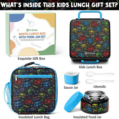Fimibuke Bento lunch Box Set for Kids Adult with 8oz Insulated Food Jar, Lunch Bag & Sauce Cup, Leakproof Dishwasher Safe Toddler Lunch Food Container with 3-4 Compartment for School Girls Boys