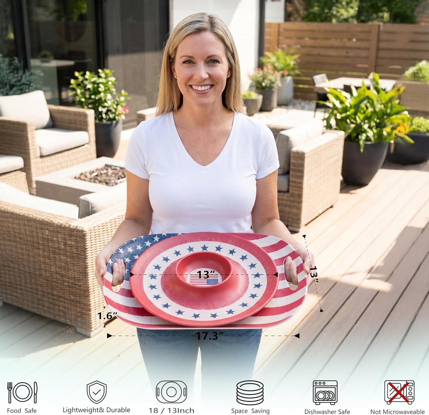 Kingen American flag Patriotic theme party supplies, 18'' Rectangle and 13'' Round Set of 2 Extra-Large Bamboo Serving Trays, Independence Day, Reusable and Dishwasher Safe