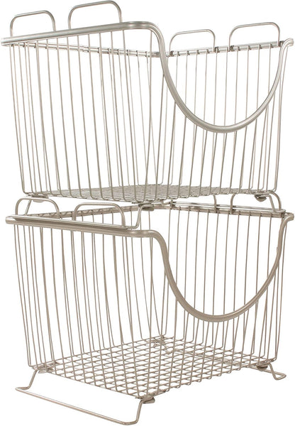 Spectrum Ashley Small Stackable Wire Baskets for Pantry & Kitchen Counter Organizer, Stacking Fruit Basket Wire Bin with Raised Feet & Handles for Vegetable Fruit Potato Onion Storage, Satin Nickel