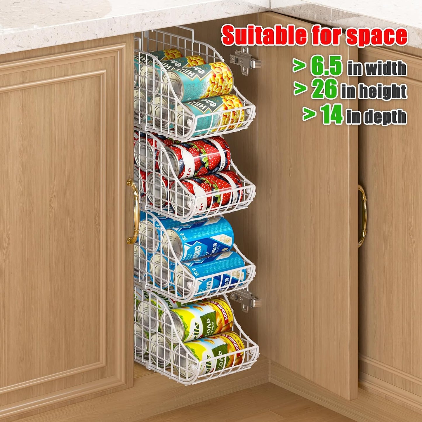 Sonyabecca 4-Pack Stackable Canned Food Organizer with Handles, Soda Can Organizer for Kitchen Pantry Shelves, Foldable Wire Cabinet Shelf for Can Storage, Patent Pending, Black