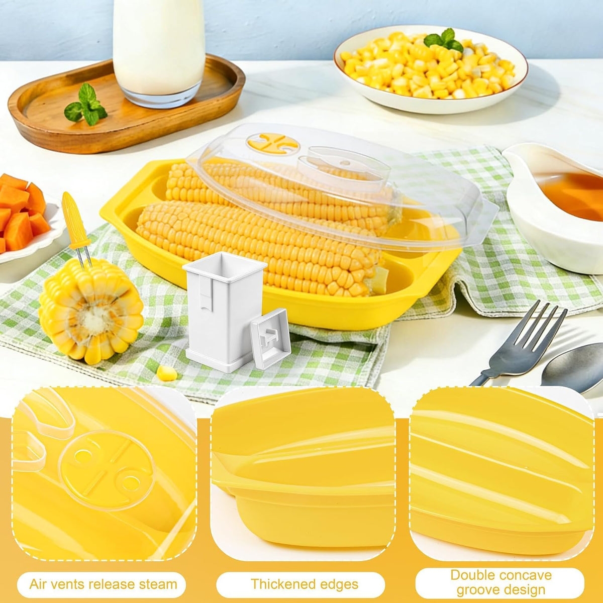 Aneco 2 Piece Microwave Corn Steamer with Lid for Frozen Corns Broccolini Vegetables Dishwasher Safe Corn on The Cob Cooker Holders Butter Dispenser, White