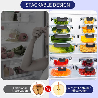 MFY 10-Pack Glass Storage Containers with Lids, Glass Meal Prep Containers Set, Airtight Lunch Containers with Lids, Microwave, Oven, Freezer and Dishwasher Safe, Gray