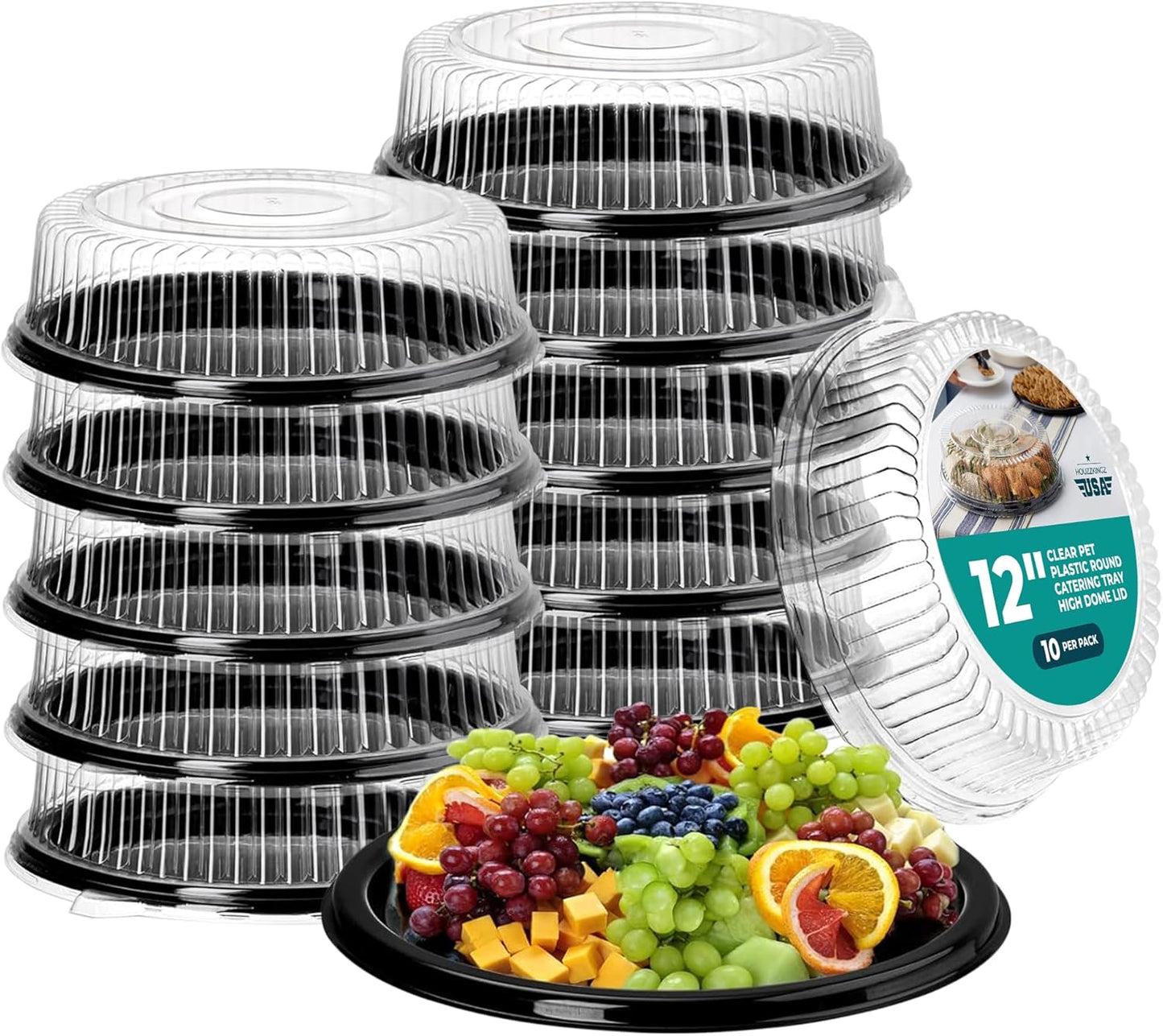 12" Catering Trays With Lids [3 Pack] - Black Serving Tray, Clear Lid, Plastic Disposable Round Party Platters, Flan Containers, Dessert Sandwich Cookie Food Trays for Parties